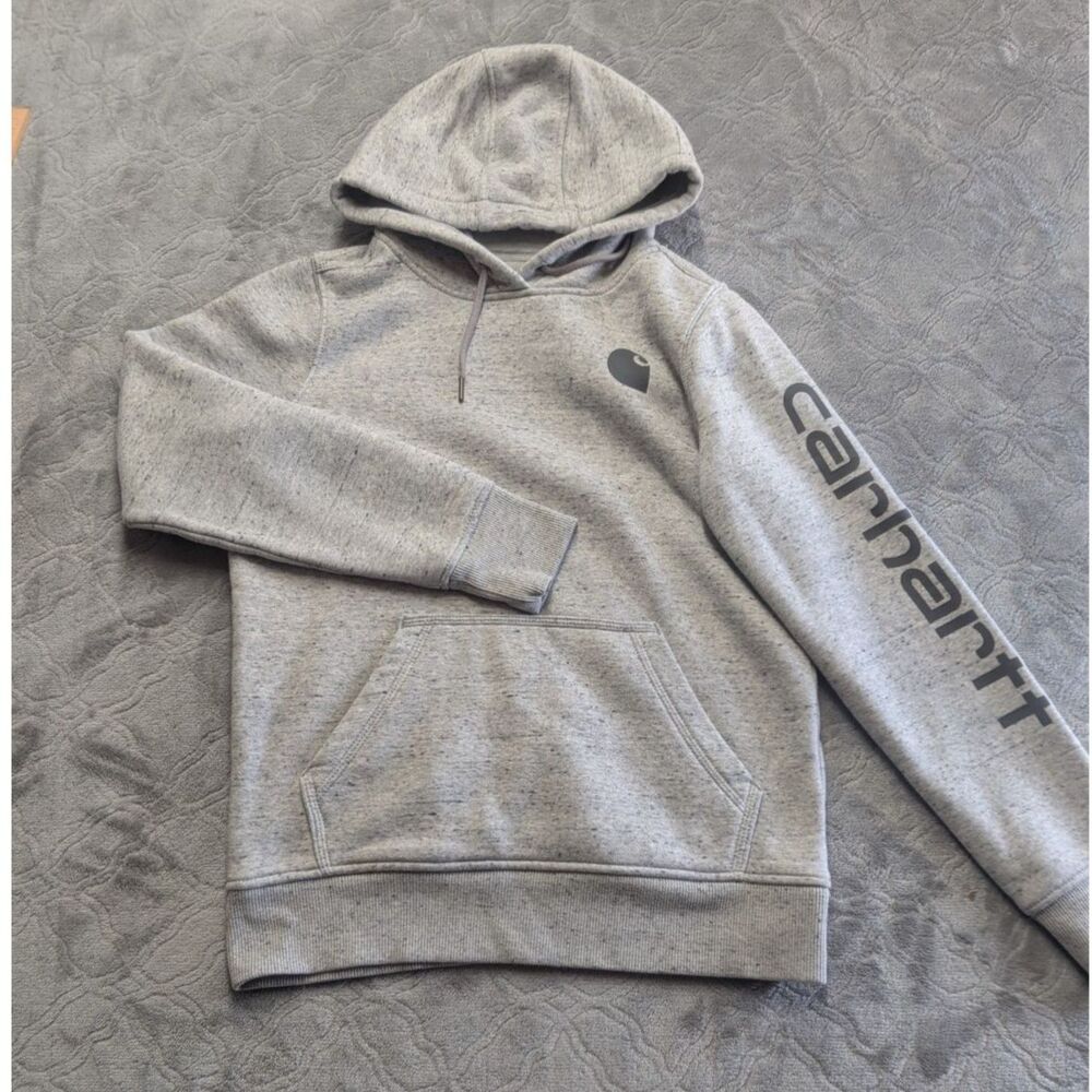 Carhartt Hoodie Womens XS Gray Relaxed Fit Logo Sleeve Pullover Sweatshirt